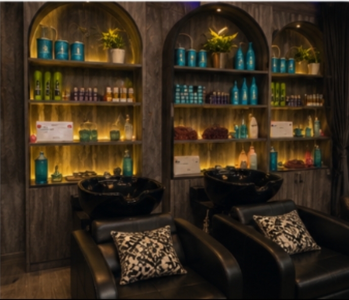 Hair wash area with premium products at Bellissimo Sorelle salon