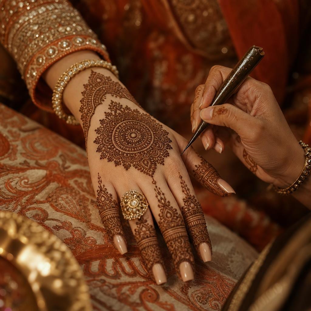 Intricate bridal henna design being applied to a client's hand