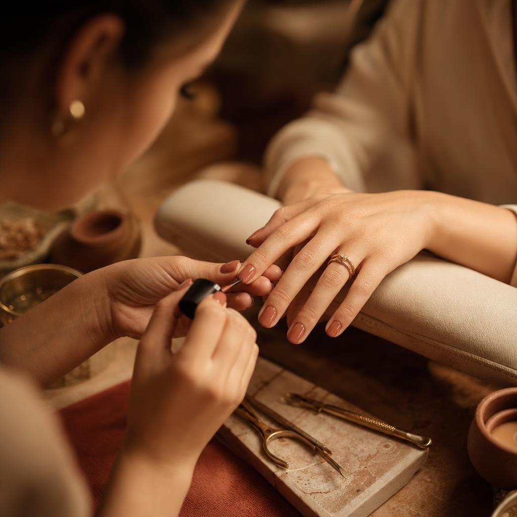 Nail technician filing a client's nails during a manicure