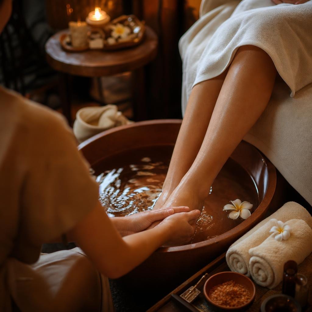 Client's feet in a warm floral pedicure soak