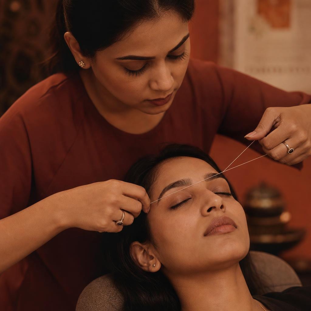 Close-up of eyebrow threading in progress Close-up of eyebrow threading in progress