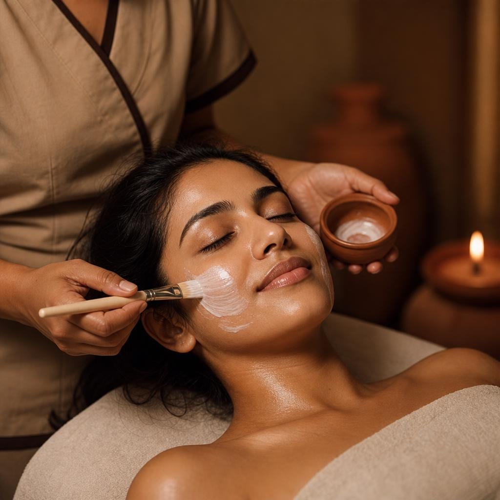 Beautician applying brightening cream to a woman's face Beautician applying brightening cream to a woman's face