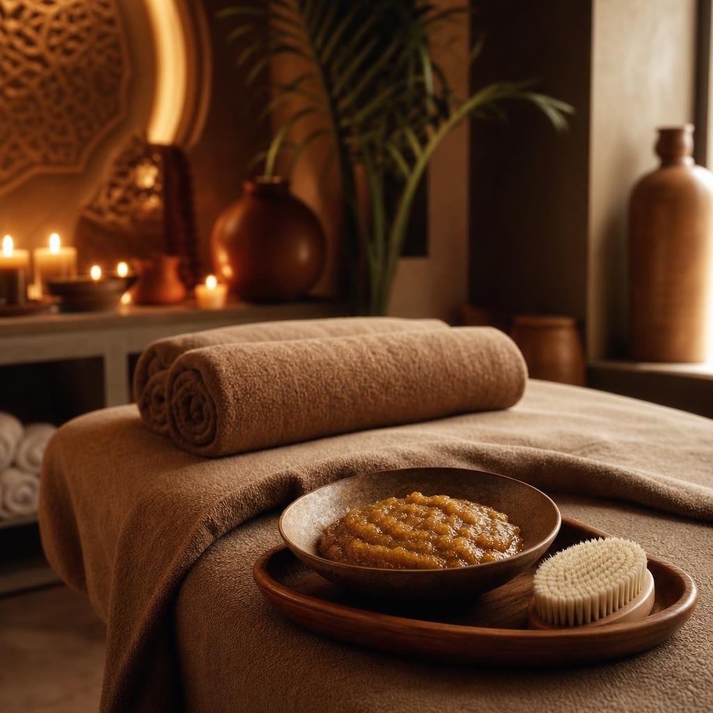 Folded spa towels and body-polish preparation on a treatment table Folded spa towels and body-polish preparation on a treatment table