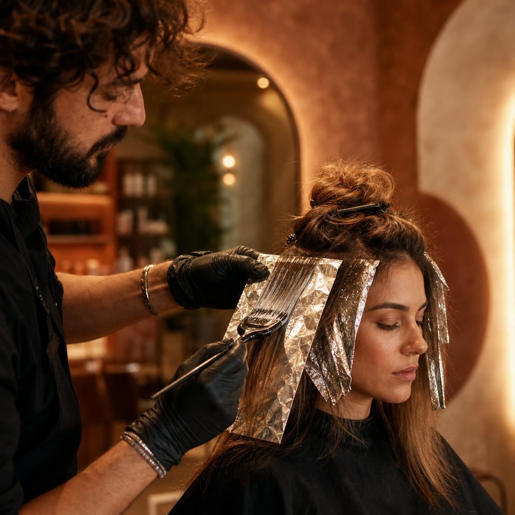 Stylist applying hair colour in foils at a salon Stylist applying hair colour in foils at a salon