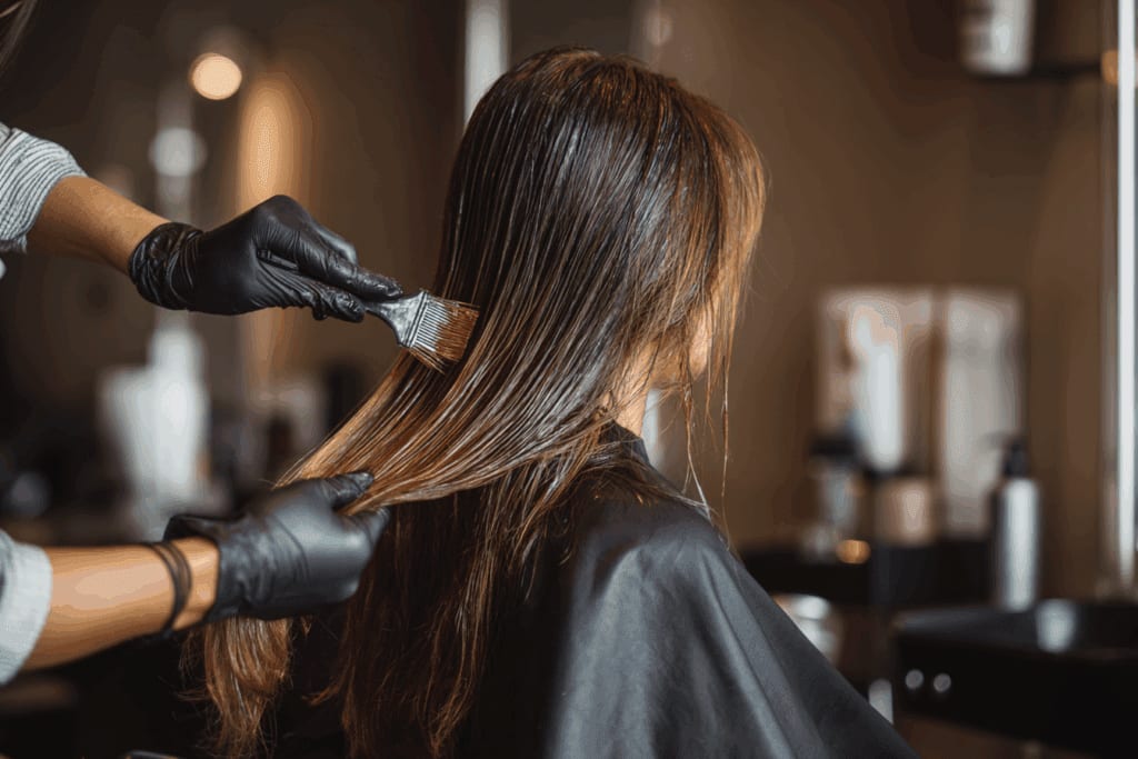 Keratin smoothing treatment being applied to sectioned hair Keratin smoothing treatment being applied to sectioned hair