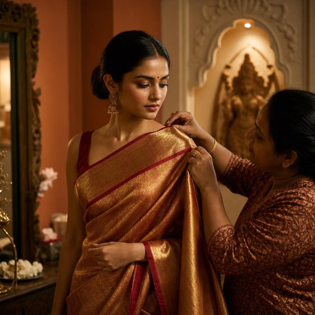 Woman being fitted in an elegantly draped sari