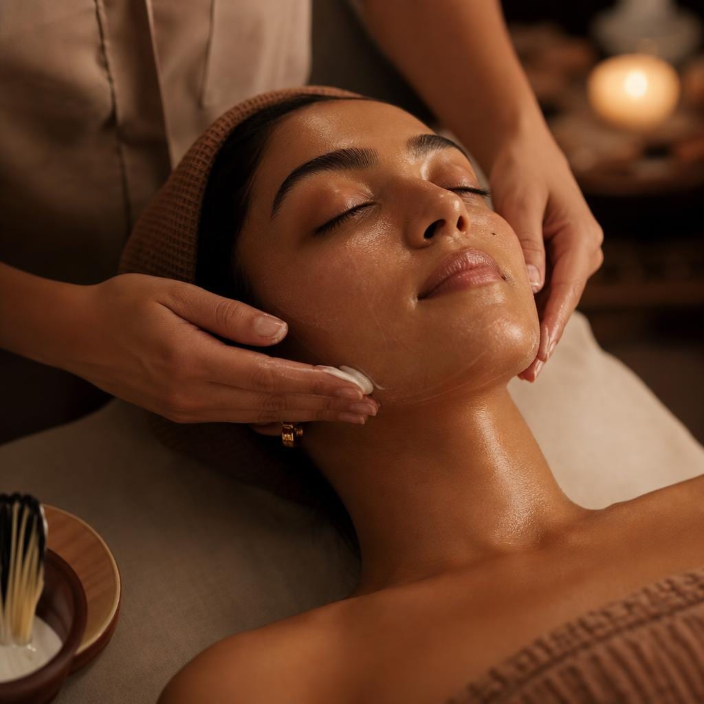 Client receiving a brightening facial massage Client receiving a brightening facial massage